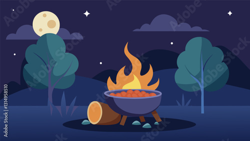 The warmth of a campfire on a cool evening as a pot of rice and beans bubbles away teasing taste buds with its delicious scent.. Vector illustration