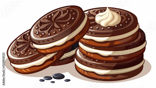 Delicious Oreo biscuits with chocolate and cream on white background
