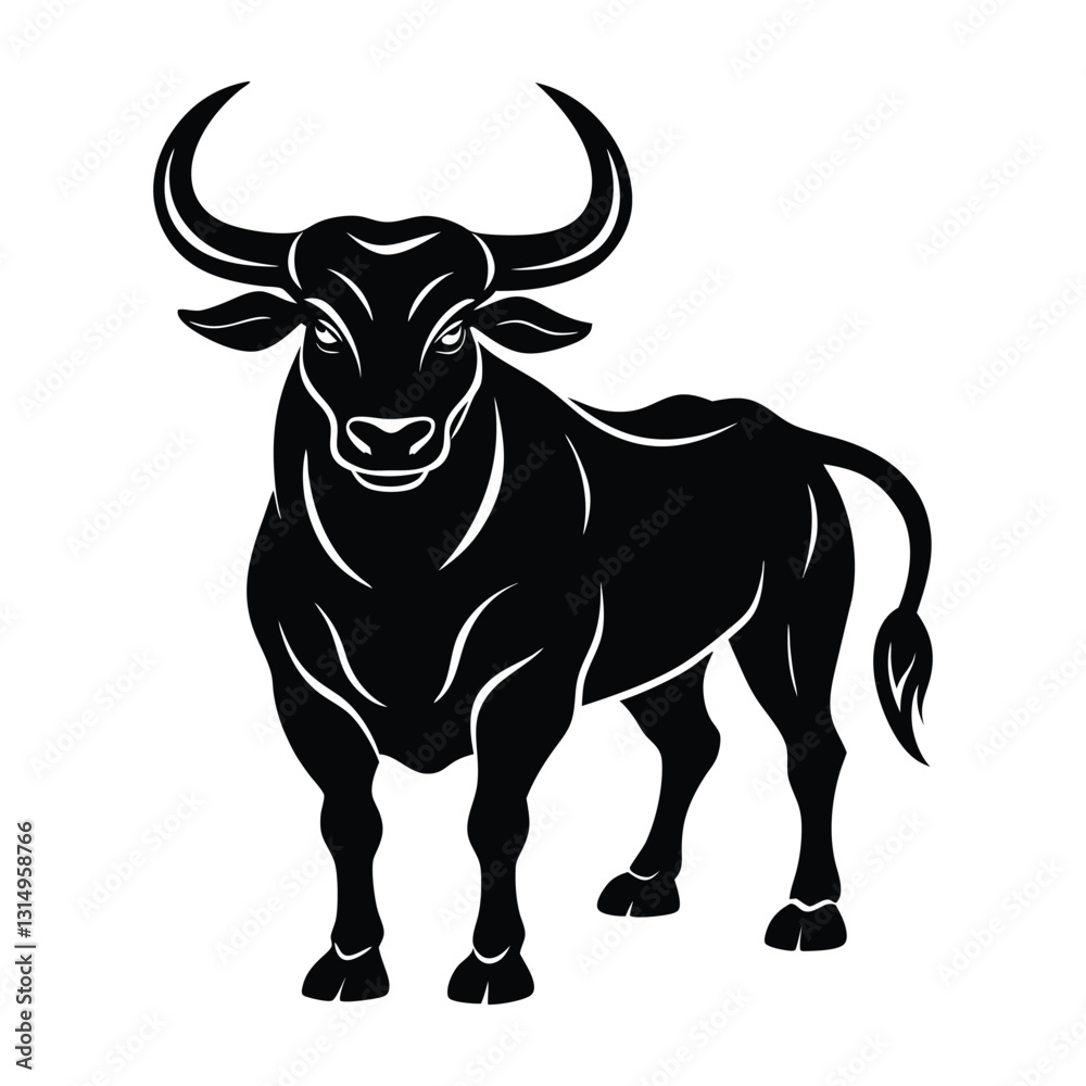 Bull standing with muscular body and curved horns silhouette on white Bull standing with muscular body and curved horns silhouette on white