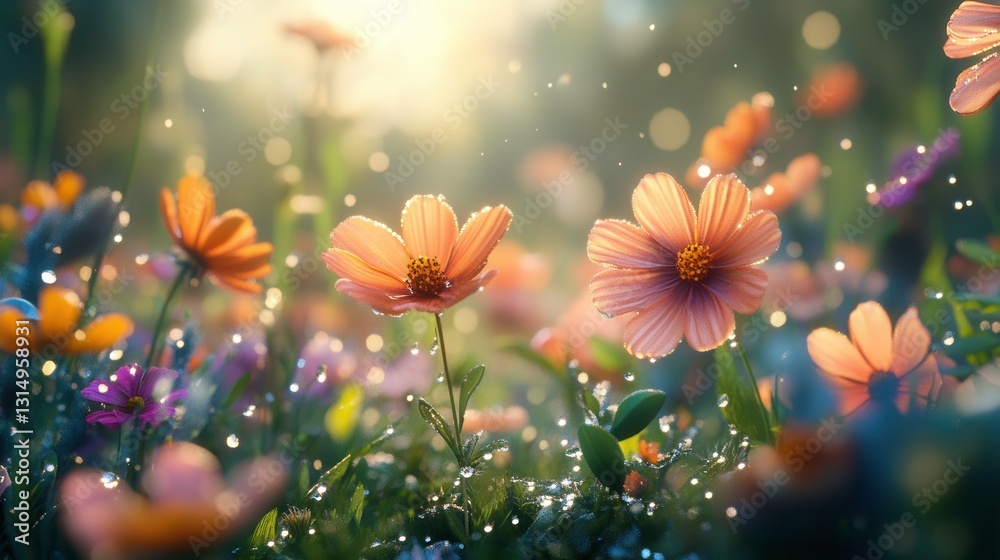 A vibrant field of blooming flowers with soft lighting, creating a dreamy atmosphere filled with colors and sparkling elements. A vibrant field of blooming flowers with soft lighting, creating a dreamy atmosphere filled with colors and sparkling elements.