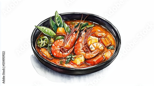 Asian tom yam soup with shrimp and hot red pepper. Watercolor painting on a white background. Vector illustration. 