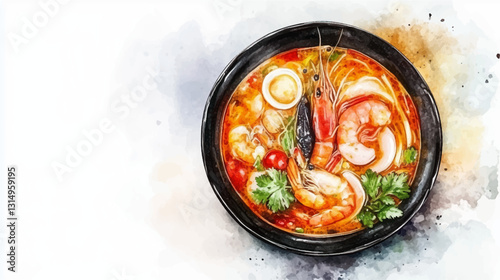 Asian tom yam soup with shrimp and hot red pepper. Watercolor painting on a white background. Vector illustration. 