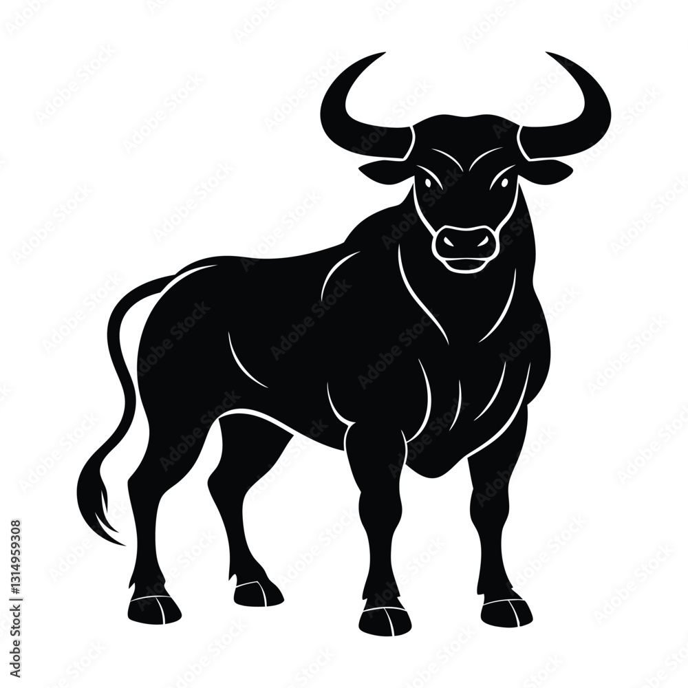 Bull standing with muscular body and curved horns silhouette design Bull standing with muscular body and curved horns silhouette design