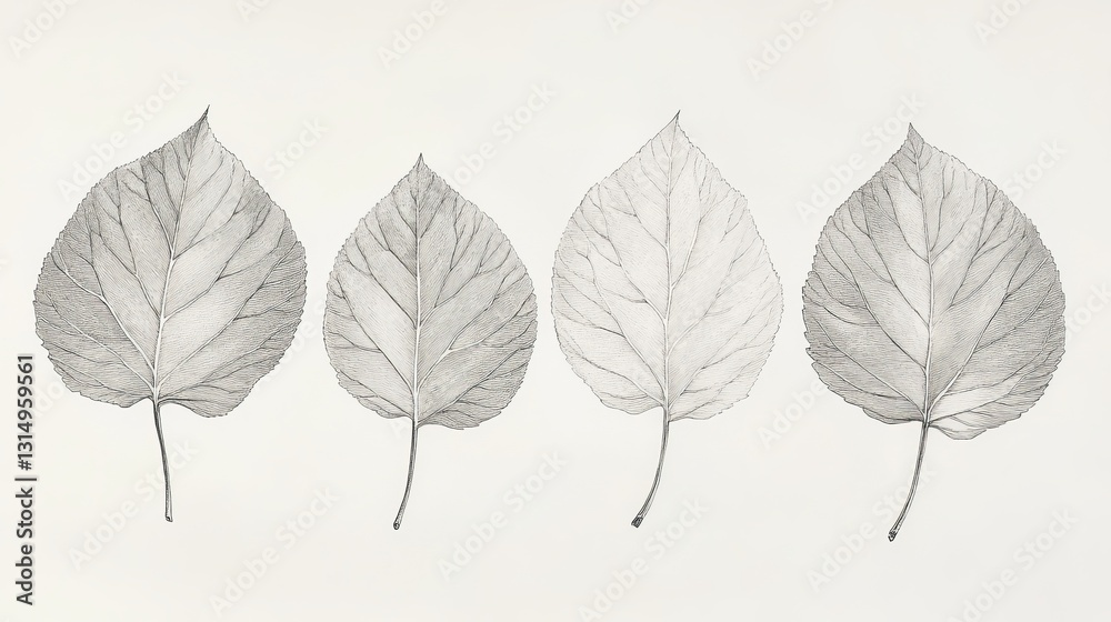 Four Detailed Leaf Illustrations in Monochrome Style - A Botanical Drawing Masterpiece Four Detailed Leaf Illustrations in Monochrome Style - A Botanical Drawing Masterpiece