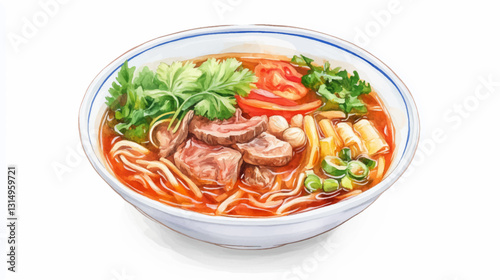 Asian tom yam soup with meat and hot red pepper. Watercolor painting on a white background. Vector illustration. 