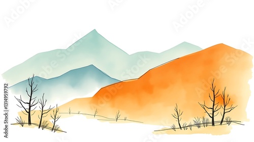 Serene Autumnal Landscape Painting Featuring Teal And Orange Mountains Under A Soft White Sky With Delicate Bare Trees In The Foreground