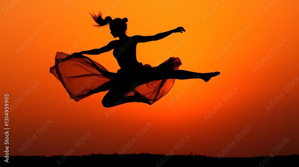 Dramatic Silhouette of a Dancer Mid-Leap Against a Warm Sunset Background