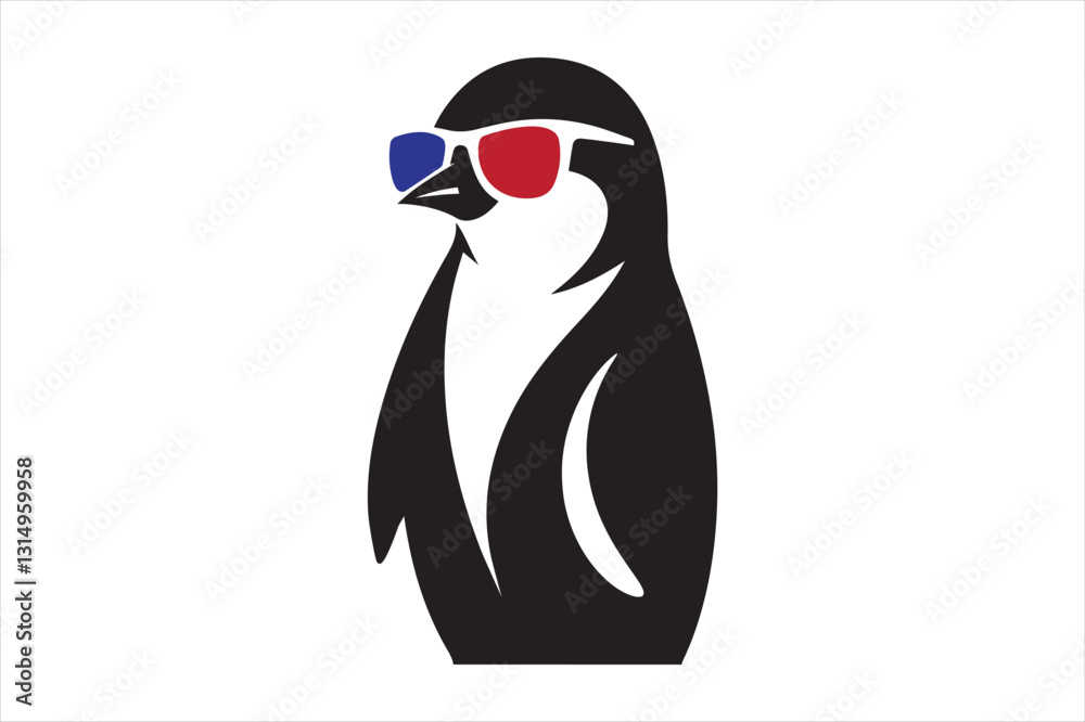 Obraz premium Cool Penguin Wearing 3D Glasses - Stylish Black and White Penguin with Retro Red-Blue 3D Shades