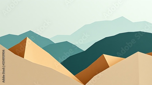 Serene Desert Dunes Meet A Tranquil Teal Mountain Range Under A Soft, Pale Sky In A Minimalist Geometric Landscape