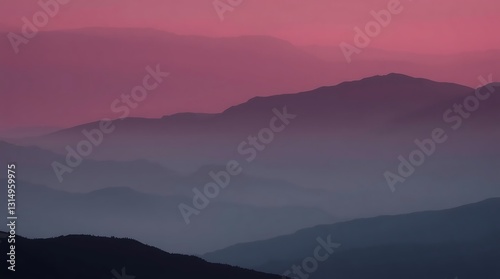 Serene Layers Of Mountains Bathed In A Breathtaking Pink And Purple Sunset Glow, Creating A Tranquil And Majestic Landscape
