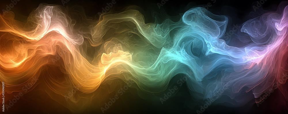 Obraz premium Abstract colorful smoke swirls on black background. Perfect for concepts of energy, flow, technology, or spirituality. Use as a website banner, social media graphic, or print design element.
