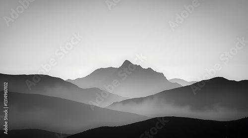 Serene Mountain Silhouettes At Dawn, Shrouded In Mist, A Grayscale Landscape Of Tranquility And Peace