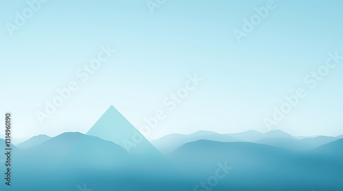 Serene Pyramid Peak Rising Above A Misty, Tranquil Mountain Range Under A Pale Blue Sky, Showcasing Soft, Hazy Light And A Minimalist Aesthetic
