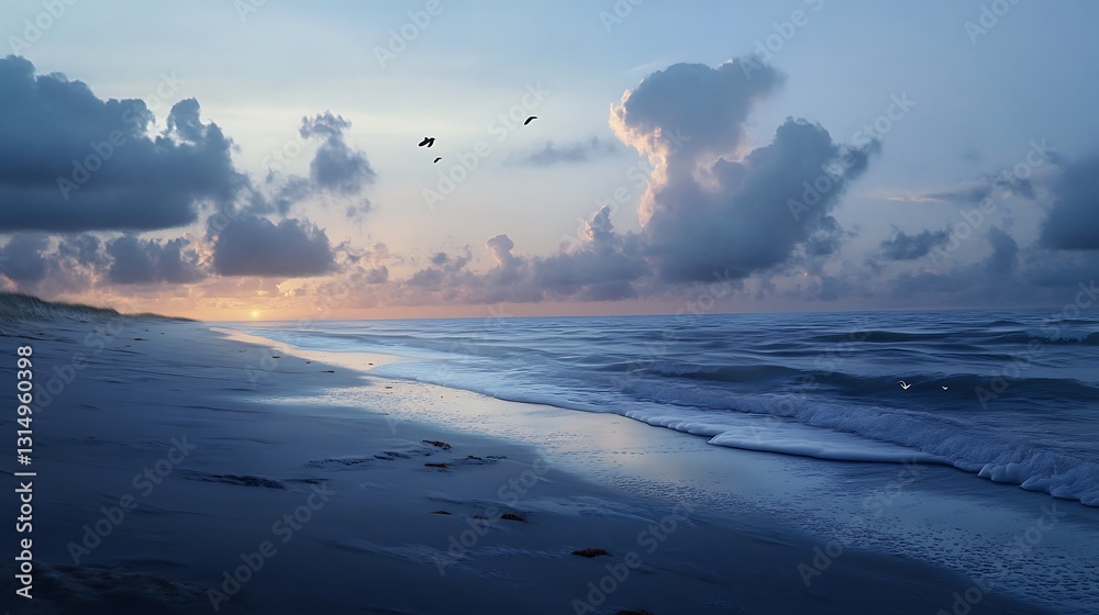 Fototapeta premium A serene beach scene at sunset, with gentle waves and clouds reflecting soft light.