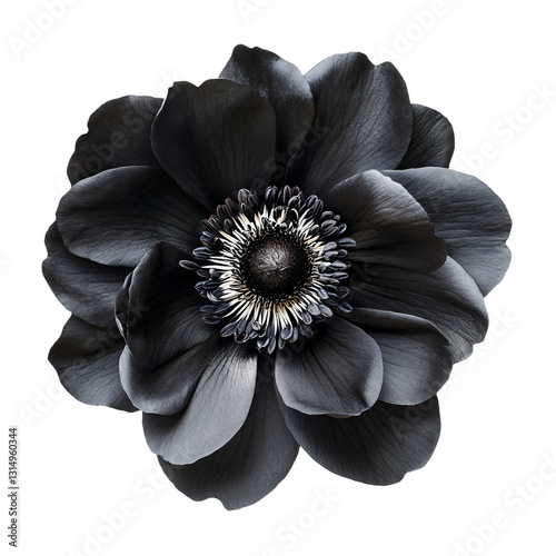 a black flower with a white center on a gray background