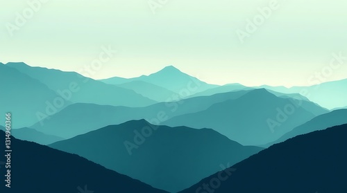 Serene Teal Mountain Range At Dawn, A Breathtaking Vista Of Tranquil Peaks Under A Soft, Pale Sky