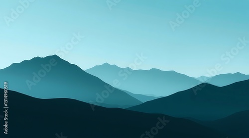 Serene Teal Mountain Silhouettes Under A Tranquil Sky, Evoking Peace And Quietude In A Minimalist Landscape