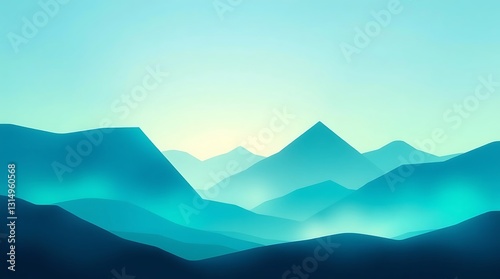 Serene Teal Mountains Bathed In Morning Mist, A Minimalist Landscape Evoking Peace And Tranquility With Soft Gradients