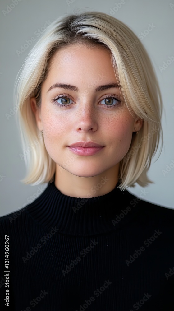 Portrait of a young woman with platinum blonde hair and a black turtleneck. Portrait of a young woman with platinum blonde hair and a black turtleneck.