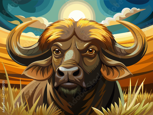 vector of  Close up of African buffalo in savannah, endangered species photography