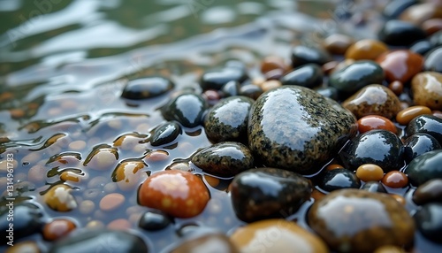 macro close-up of wet, multicolored pebbles on a tranquil riverbank, glistening with a glossy sheen and intricate light reflections, ideal for stock photo