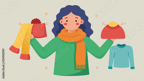 A woman proudly displays her line of handknitted sweaters and scarves a new venture she started after retiring from her corporate job.. Vector illustration