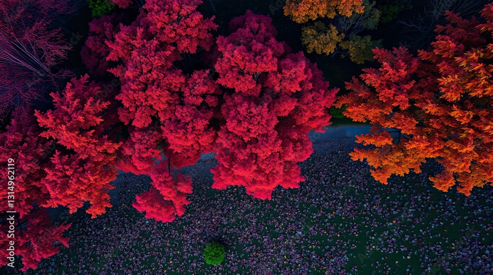 Stunning display of fall colors showcases brilliant shades of red and orange trees alongside a peaceful green area below offering a captivating view Stunning display of fall colors showcases brilliant shades of red and orange trees alongside a peaceful green area below offering a captivating view