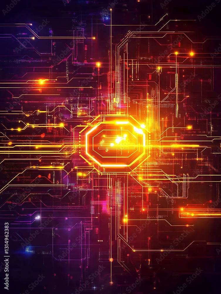 Obraz premium Artificial Intelligence Circuitry Glowing with Complex Data Flow