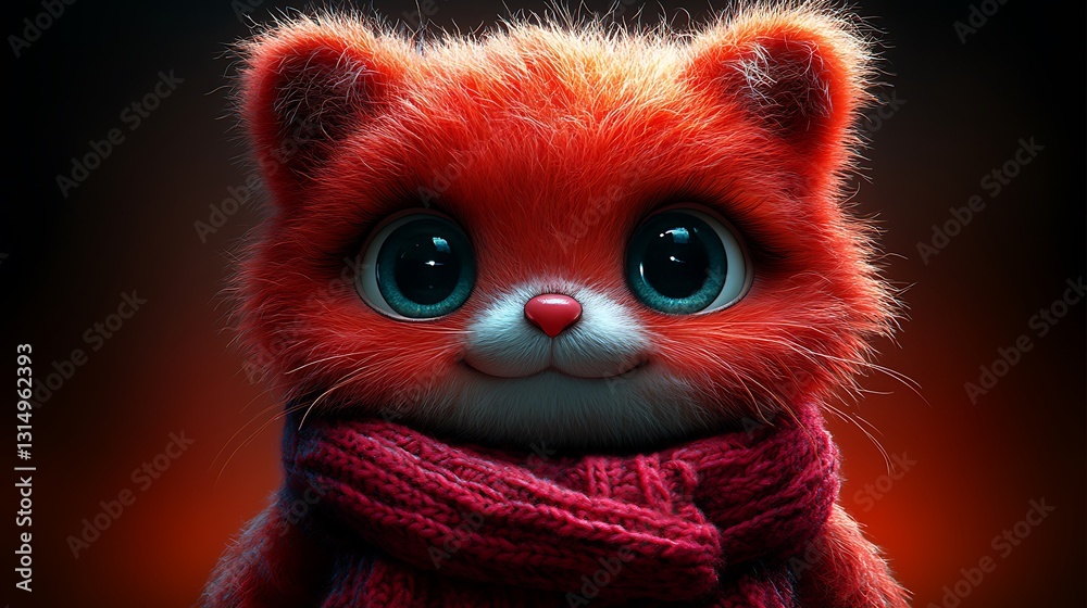 Obraz premium Cute digital cartoon furry red cat wearing a knit scarf. Possible use children's book illustration