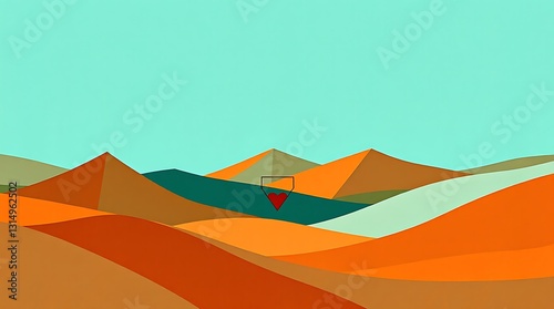 A Serene Desert Landscape Under A Vibrant Sky, Showcasing Rolling Hills In Warm, Earthy Tones With A Minimalist Geometric Style