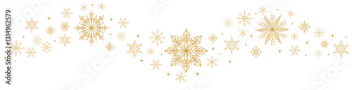 Abstract Christmas background with gold snowflakes whirlwind border. Hand drawn Winter snow illustration, traditional new year design element. Hand drawn vector isolated
