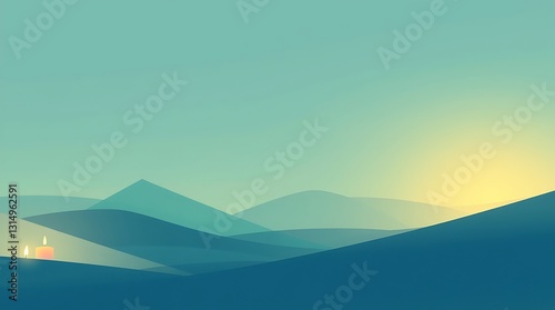 A Solitary Candle Glows At Sunset, Casting A Warm Light Across Serene, Rolling Hills In A Minimalist Landscape