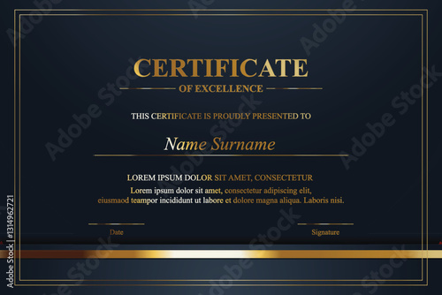 Gold-framed certificate design; dark background; award; printable template