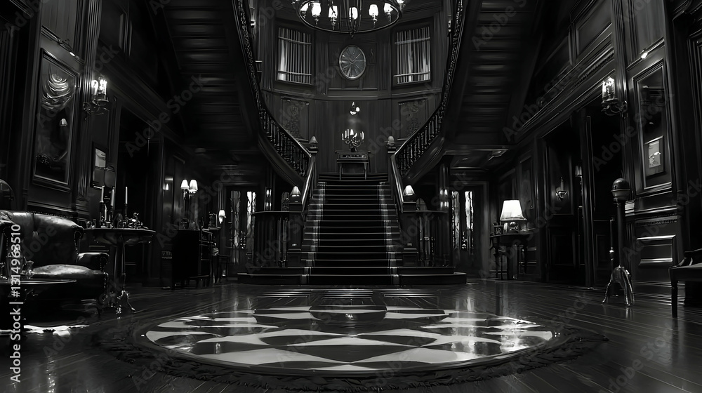 Fototapeta premium Grand mansion interior, sweeping staircase, dark wood, geometric floor, mysterious atmosphere, perfect for thriller film or gothic novel cover