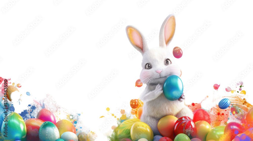 Fototapeta premium Easter bunny holding colorful egg surrounded by easter eggs on transparent background