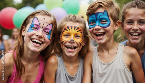Four children with colorful face paint enjoying a festival with balloons in the background

