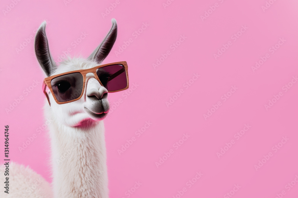 Fototapeta premium Stylish llama in biodegradable bamboo sunglasses against pink background