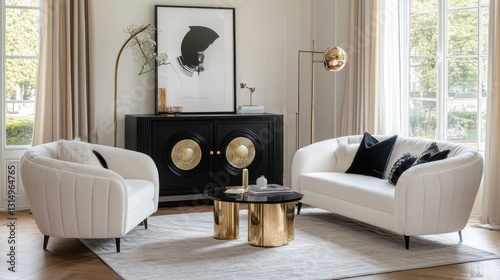Elegant Living Room Interior with White Sofa, Chair and Stylish Accents