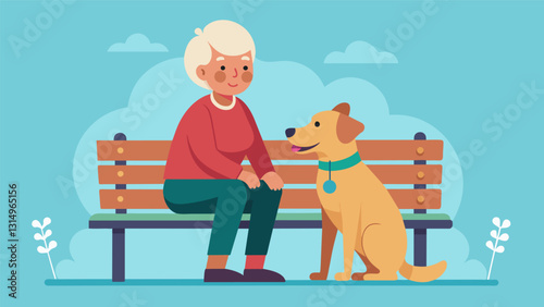 A senior sitting on a bench with her loyal emotional support dog by her side the two sharing a loving gaze that speaks volumes about their strong bond.. Vector illustration