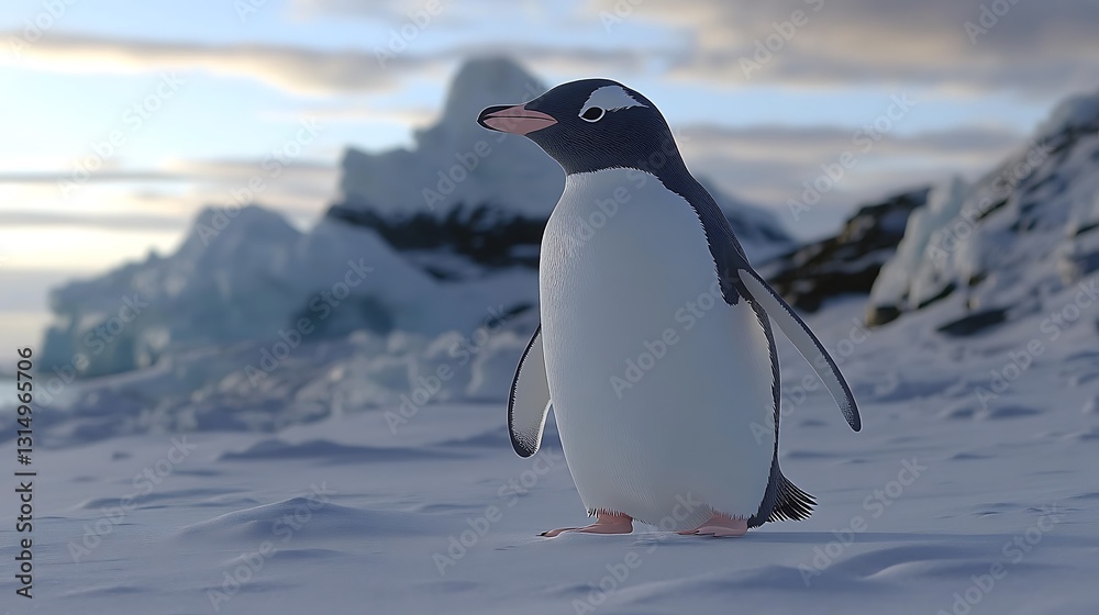Naklejka premium Gentoo penguin on snowy Antarctic landscape