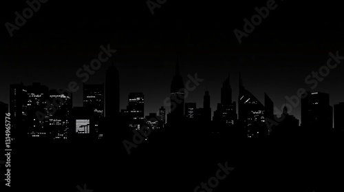 Dramatic Black Silhouette City Skyline at Night with Skyscrapers in Chiaroscuro Style