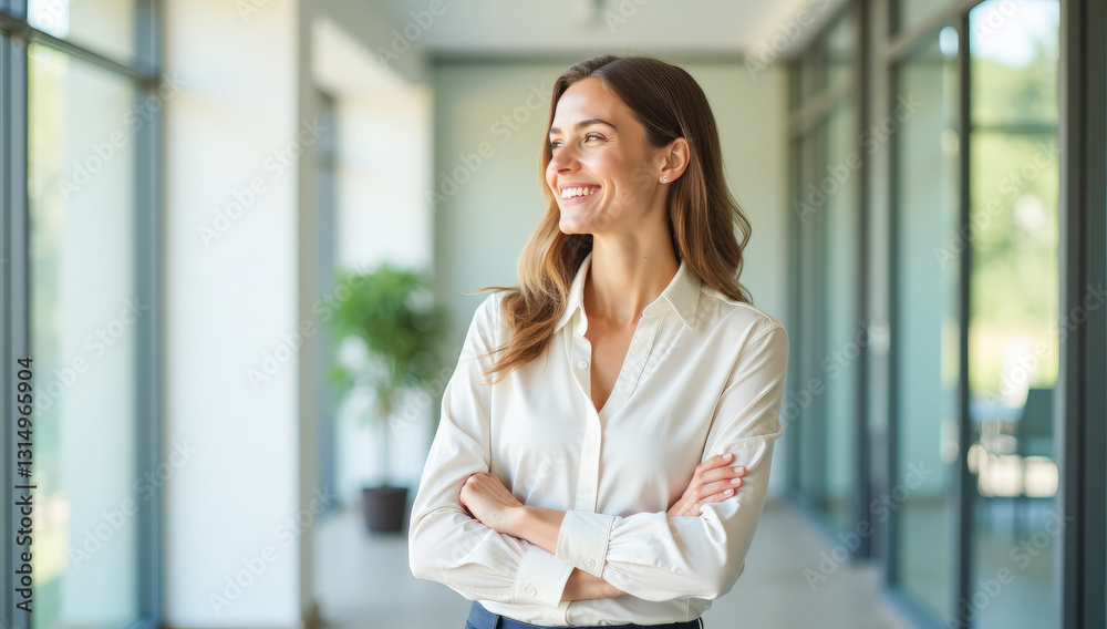 Fototapeta premium A happy businesswoman with her arms crossed over her chest in a bright office