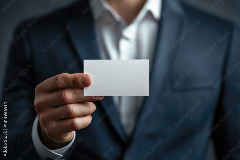 Close-Up of Businessman Presenting Card with General Meeting Announcement in Soft Focus Close-Up of Businessman Presenting Card with General Meeting Announcement in Soft Focus