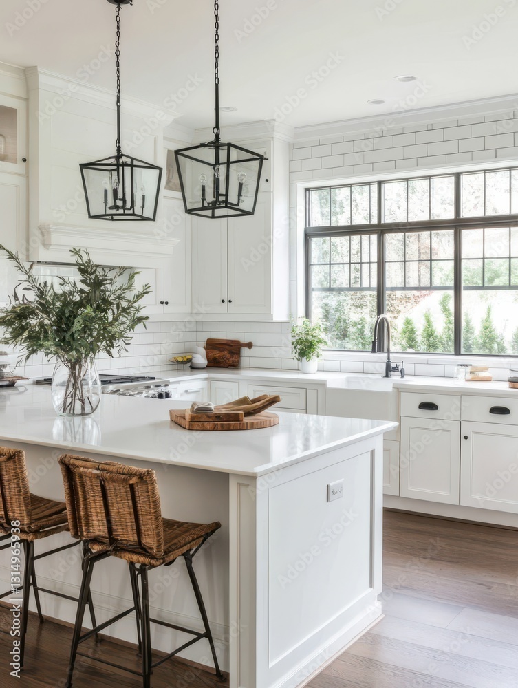 Fototapeta premium Modern kitchen with white cabinetry and black accents