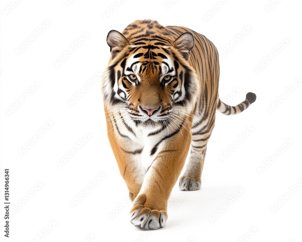 Obraz premium Majestic Tiger in Motion: Captivating Front View of a Big Cat on a Pristine White Background