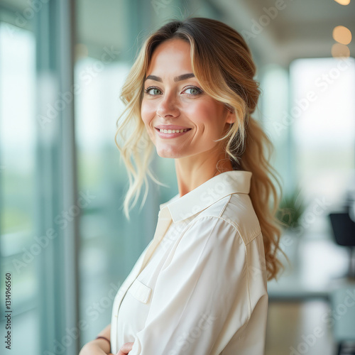 Portrait of a happy businesswoman in a bright office Free Download Portrait of a happy businesswoman in a bright office - GFXLoad