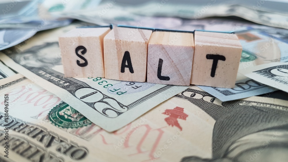 Obraz premium SALT acronym made of wooden letter cubes on pile of US dollar banknotes. State and Local Tax