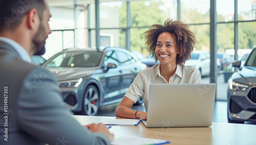 A female manager with a laptop is talking to a customer at a car dealership