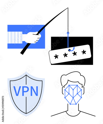 Phishing attempt with password, VPN shield for secure connection, facial biometrics for authentication. Ideal for cyber safety, privacy, data protection, digital security, hacking awareness
