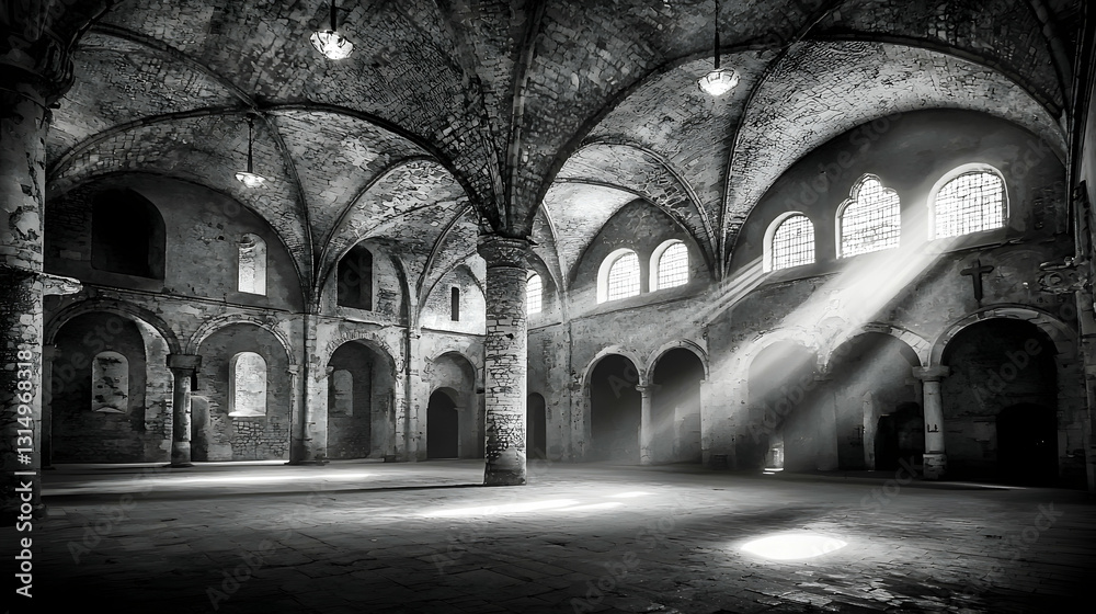 Naklejka premium Sunbeams illuminate ancient stone church interior; architectural photography for historical, travel, and religious websites